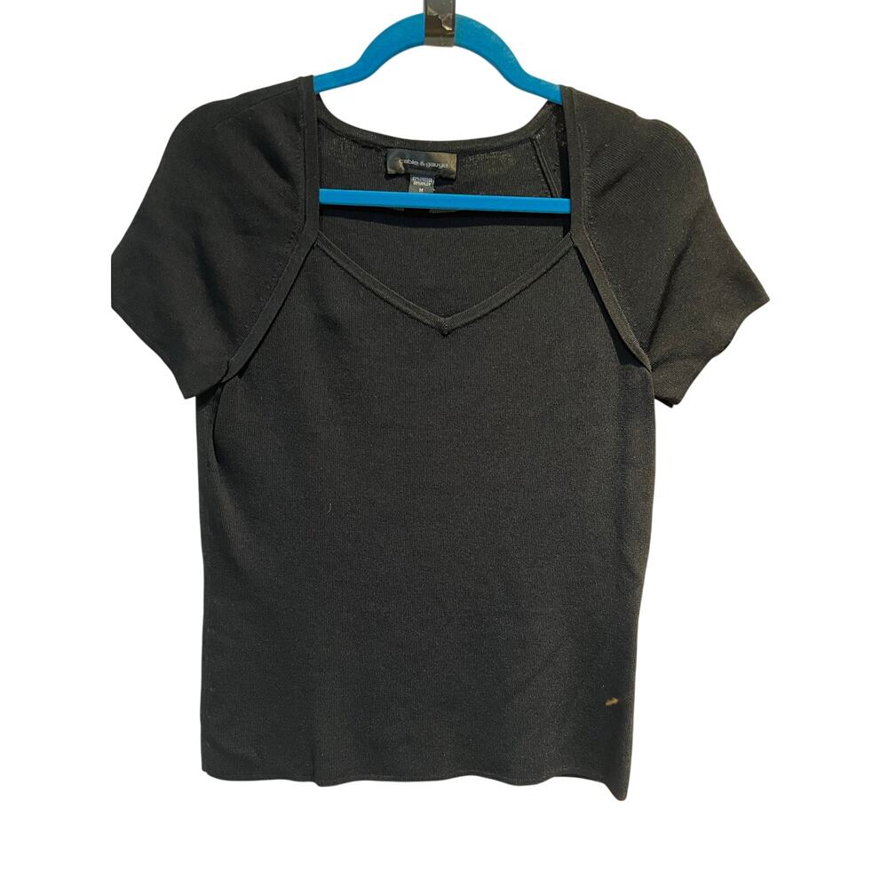 Cable & Gauge Women’s Medium Black Knit Top Double Neckline Illusion Stretch